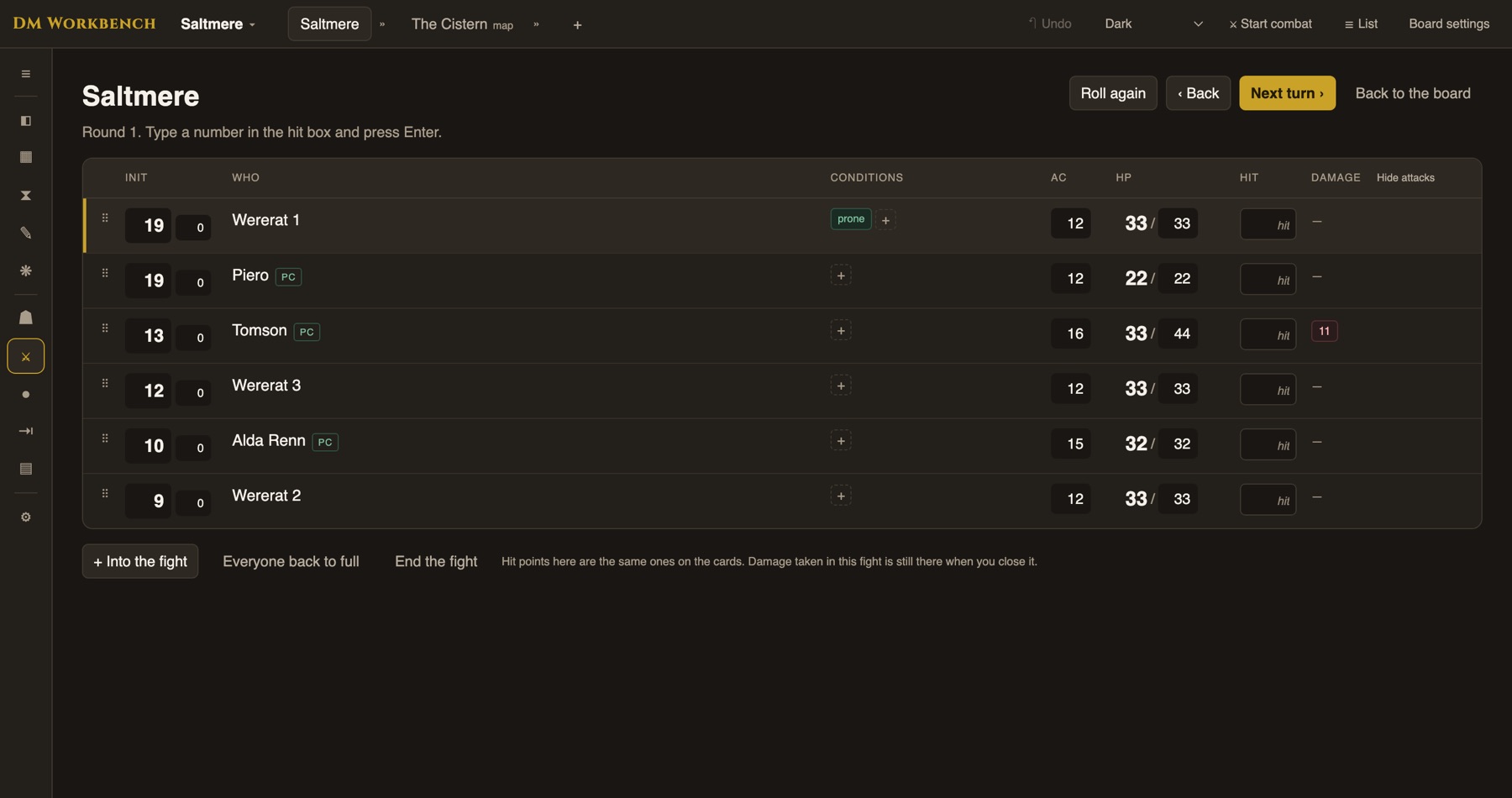 The initiative tracker in DM Workbench